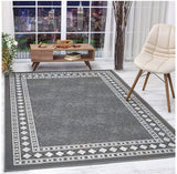 Modern Bordered 5X7 (Non-Slip) Low Profile Pile Rubber Backing Indoor Area Rug